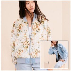 Urban Outfitters Cara Reversible Floral Blue Satin Bomber Jacket